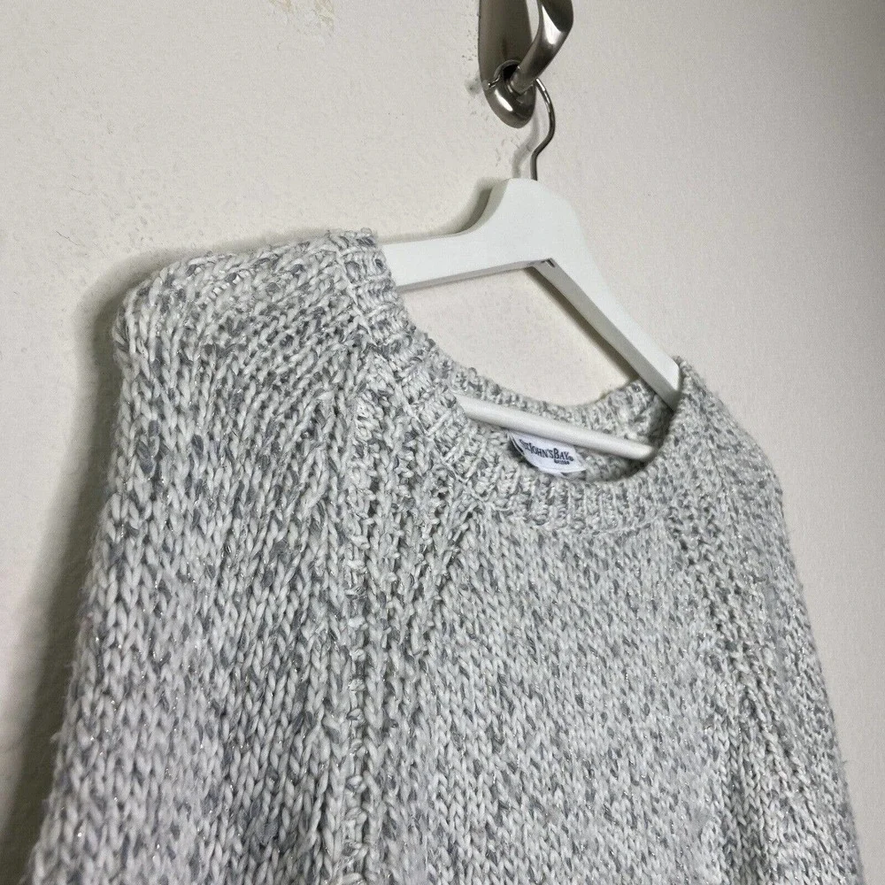 St. John's Bay White Marled Metallic Silver and Gold Sparkle Sweater M